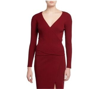 NWOT Jonathan Simkhai Red Deep Rib Long Sleeve Faux Wrap Fitted Top Medium